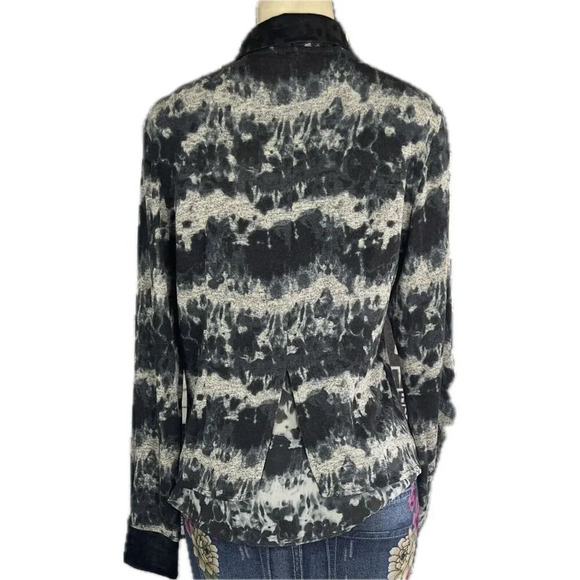 Alberto Makali L Black-Gray Print Draped Faux Leather Trim Long Sleeve Jacket - Picture 4 of 6